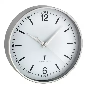 TFA DOSTMANN relógio de parede sem fios 60.3503.02, 195 mm de diâmetro, moldura de alumínio, mostrador branco, prateado