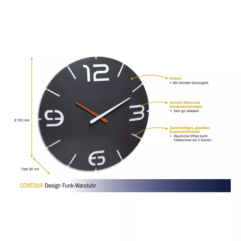 TFA Dostmann Relógio de parede radiofrequência design Contour, preto/branco (60.3536.10)
