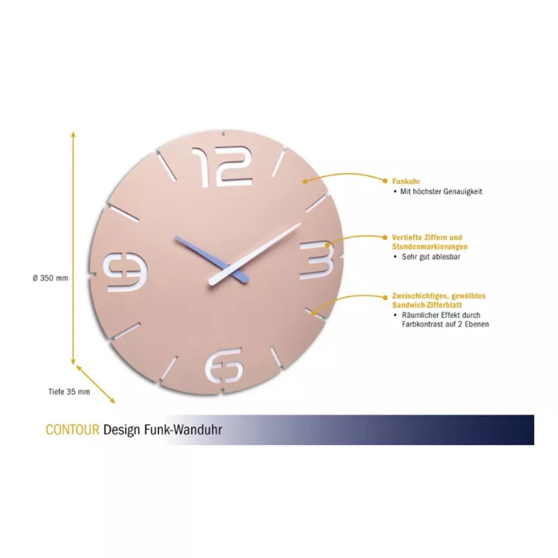 TFA Dostmann Relógio de parede radiofrequência design Contour, rosa antigo/branco (60.3536.16)