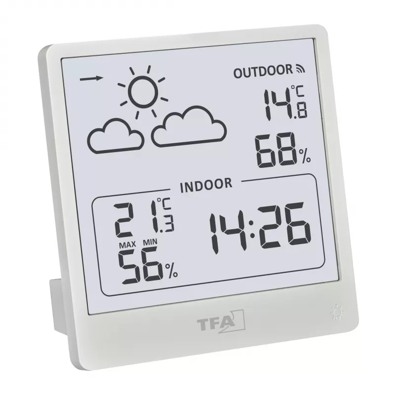 TFA Dostmann CLEO Estação meteorológica radiofónica, preto, controlada por rádio DCF-77, previsão 12-24h, temperatura e humidade interior/exterior, alarme de gelo, retroiluminação 35.1176.02
