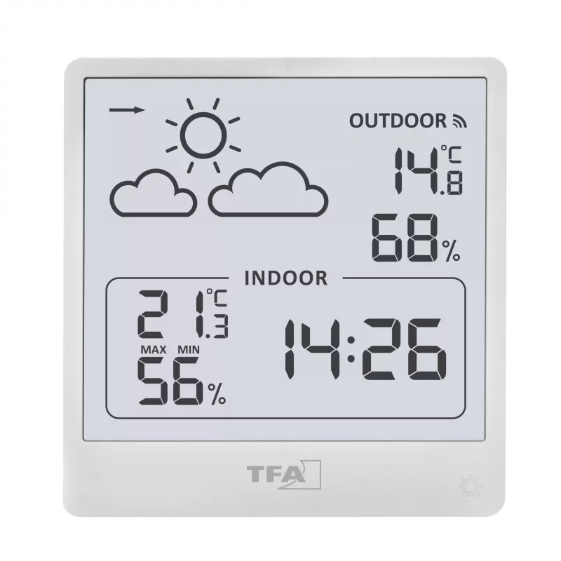 TFA Dostmann CLEO Estação meteorológica radiofónica, preto, controlada por rádio DCF-77, previsão 12-24h, temperatura e humidade interior/exterior, alarme de gelo, retroiluminação 35.1176.02