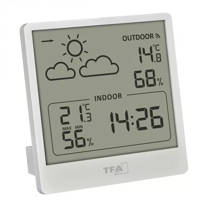 TFA Dostmann CLEO Estação meteorológica radiofónica, preto, controlada por rádio DCF-77, previsão 12-24h, temperatura e humidade interior/exterior, alarme de gelo, retroiluminação 35.1176.02