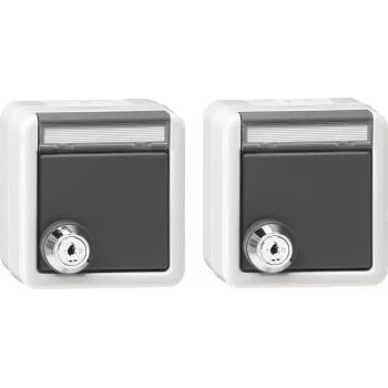 Conjunto Gira 2x tomada SCHUKO com fechadura e tampa basculante, superfície, IP44, fechadura igual, branco puro 456030