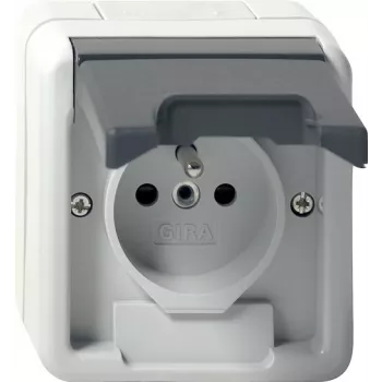 Tomada Schuko GIRA 448530 com tampa basculante, branco puro brilhante