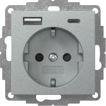 Gira System 55 tomada SCHUKO com carregador USB A/C, alumínio 245926