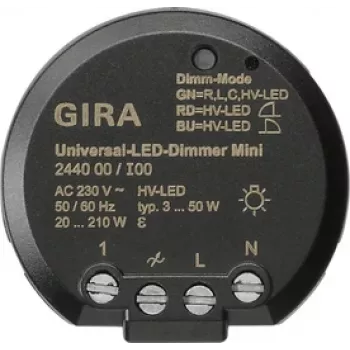 GIRA 244000 módulo regulador LED universal, encastrar, eletrónico, 230 V AC, 3-100 W LED / 20-200 W halogéneo, corte de fase ascendente, arranque suave, função de memória