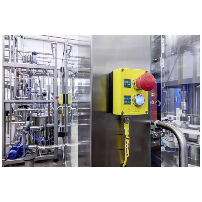 Siemens 3SU18010NE004AB2 (3SU1801-0NE00-4AB2) caixa para fixação ao chão com etiqueta, 1 botão vermelho com desbloqueio por rotação, preta