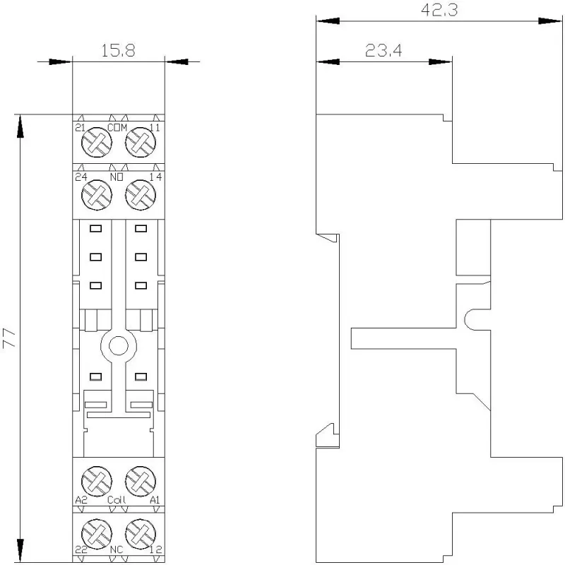 Siemens LZS:RT78725 base de relé para relés SIRIUS RT de 15 mm, terminais de parafuso, montagem em calha DIN, preto