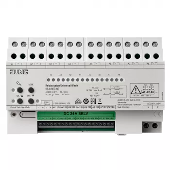 Estação de relés universal JUNG RS8REGHE, atuador de comutação KNX de 8 canais, calha DIN, 16 A por canal