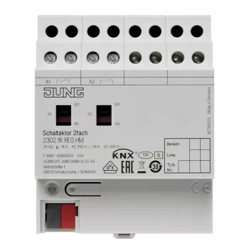 Atuador de comutação KNX Jung, 2 canais, 16 A, 230 V AC, calha DIN, 2 TE 2302.16REGHM