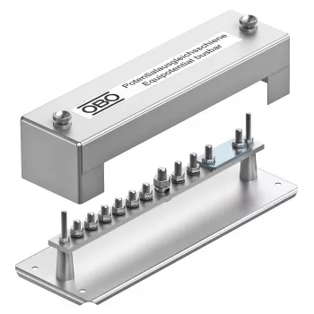 Barra de ligação equipotencial OBO Bettermann 1810, 348 mm, 10 pontos de ligação, tampa transparente 5015057