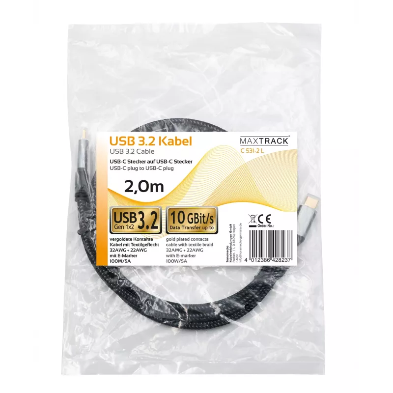 Cabo USB-C para USB-C Maxtrack C531-2L 3.2 Gen2 10Gbps 100W PD 2m preto