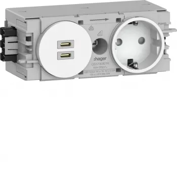 Tomada SCHUKO encastrar Hager Winsta com 2x USB-C PD 20W carregador, branco puro GS17009016