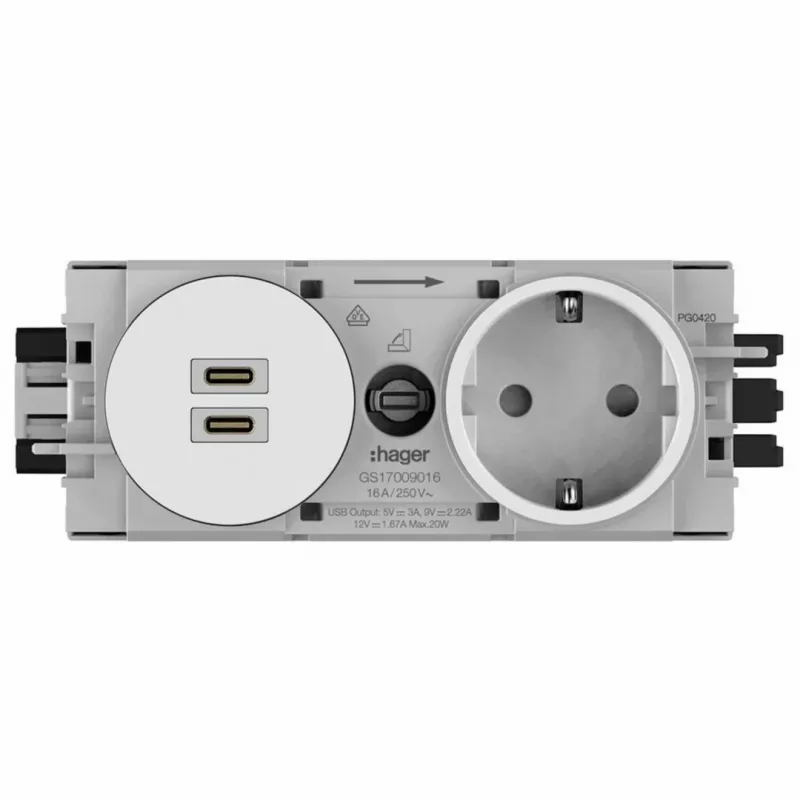 Tomada SCHUKO encastrar Hager Winsta com 2x USB-C PD 20W carregador, branco puro GS17009016