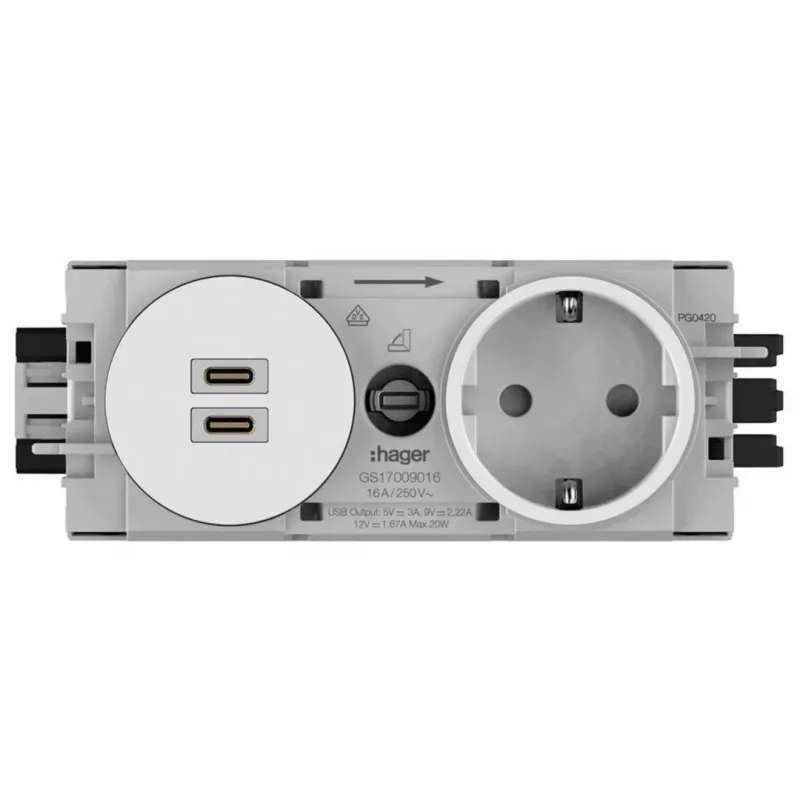 Tomada SCHUKO encastrar Hager Winsta com 2x USB-C PD 20W carregador, branco puro GS17009016