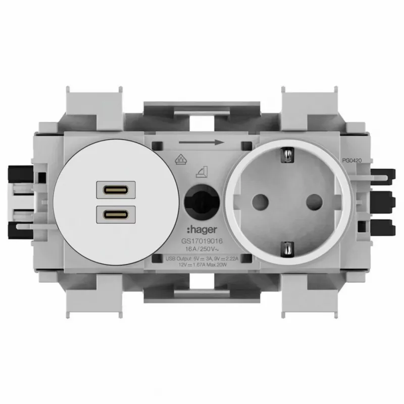 Hager Tomada Schuko Winsta com carregador USB-C PD 20W duplo, branco polar GS17019016