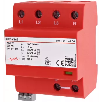 DEHN 941315 DSH TT 255 FM Descarrilador de corrente de raio Tipo 1+2 para sistemas TT/TN-S trifásicos