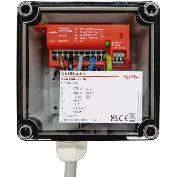 DEHN DEHNcube EMOB Tipo 2 dispositivo de proteção contra sobretensão para pontos de carregamento AC de mobilidade elétrica, 2 polos, 230 V, 40 kA, IP65, prensa-cabos M25 900901