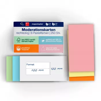 Cartões de comunicação MAGNETOPLAN HOLTZ retangulares 200 x 100 mm cores sortidas (rosa, verde, amarelo, branco, azul, laranja) - 250 cartões 112501510