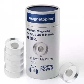 Ímanes de design magnetoplan HOLTZ, 25 mm, pack de 6 ímanes de neodímio com pega de acrílico transparente, polidos (1680025)