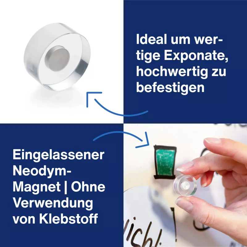 Ímanes de design magnetoplan HOLTZ, 25 mm, pack de 6 ímanes de neodímio com pega de acrílico transparente, polidos (1680025)