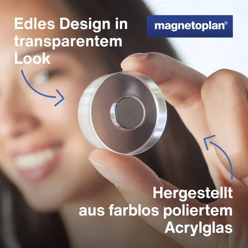 Ímanes de design magnetoplan HOLTZ, 25 mm, pack de 6 ímanes de neodímio com pega de acrílico transparente, polidos (1680025)