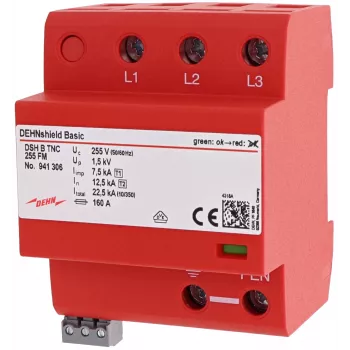 DEHN DSH B TNC 255 FM para-raios combinado Type 1+2 para sistemas TN-C, 3 polos, 255 V AC, 25 kA (10/350 µs), sinalização remota 941306