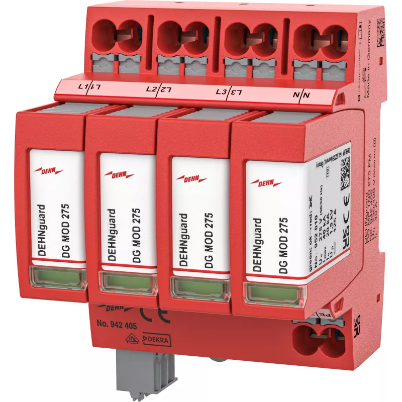 DEHN DEHNguard MP TNS 275 FM Tipo 2 para-raios de sobretensão, 4 polos, 275V, 40kA, calha DIN 942405