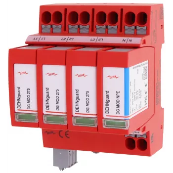 DEHN DEHNguard MP TT 275 FM para-raios Type 2, 4 polos, 275 V AC, montagem em calha DIN, com contacto de sinalização remota 942315