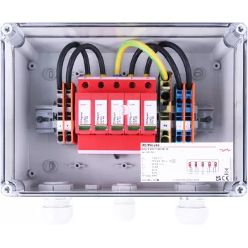 DEHN DCU 2 YPV 1100 2M 1S dispositivo de proteção contra sobretensões Tipo 2 para instalações fotovoltaicas, 2 MPPT, 1 string por MPPT, 1100 V DC, caixa IP65 900921