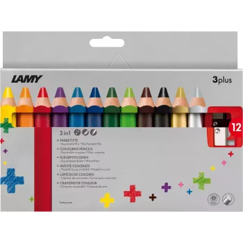 Lápis de cor LAMY 3plus conjunto de 12, minas extra grossas de 3,3 mm resistentes à quebra, zona de pega triangular ergonómica, várias cores 1223548