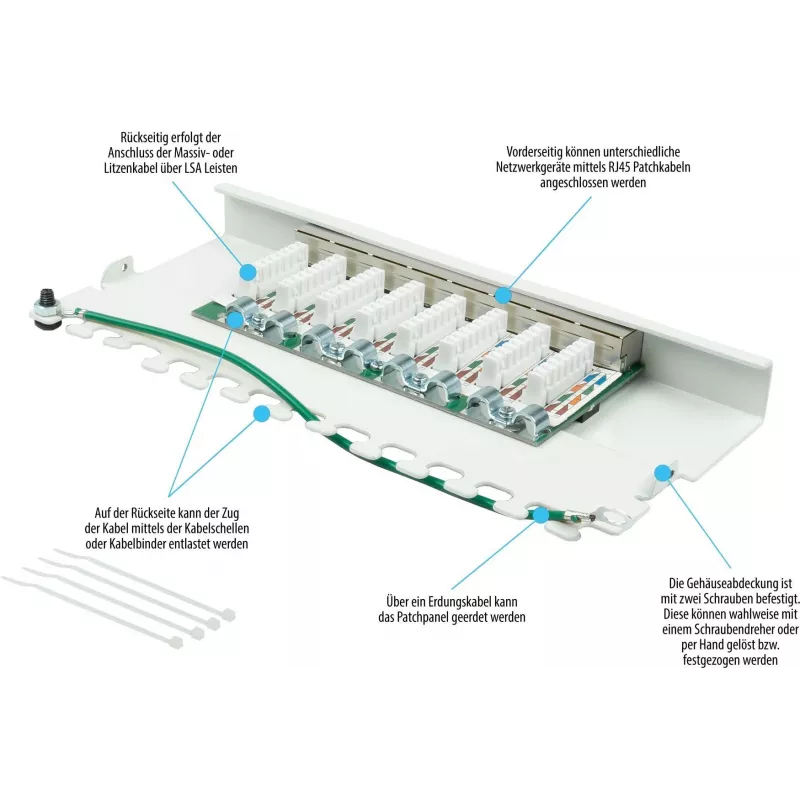 GoodConnections GC-N0113 Painel de ligação Cat.6 8 portas STP para secretária, 0,5U, sem ferramentas, branco puro RAL9010