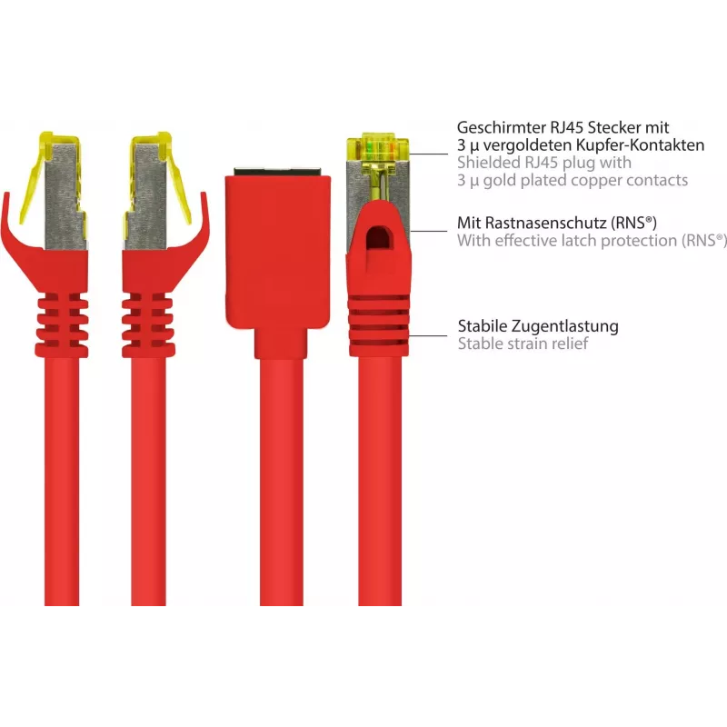 GoodConnections 8070VR-100R Cat.7 S/FTP RJ45 extensão de cabo patch, PiMF, livre de halogéneos, 600 MHz, OFC, proteção de patilha RNS, 10 m, vermelho