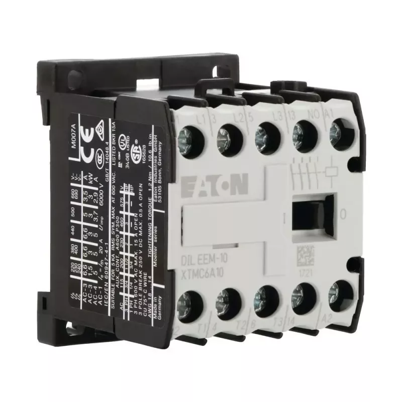 Mini contactor Eaton DILEEM-10 - 3 polos, bobina 230 V AC, 9 A, 4 kW, 1 contacto auxiliar NA, montagem em calha DIN, IP20, preto/branco 056674
