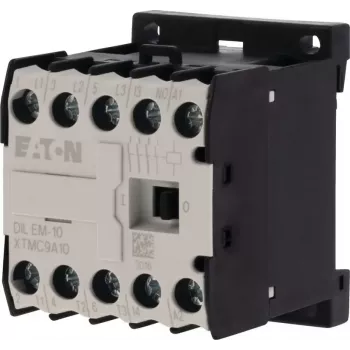 Mini contactor Eaton DILEM-10-G(12VDC), 3 polos, bobina 12 V DC, 9 A AC-3, 1 contacto auxiliar NA, IP20, terminais de parafuso, montagem em calha DIN/parafuso, preto/branco 079594
