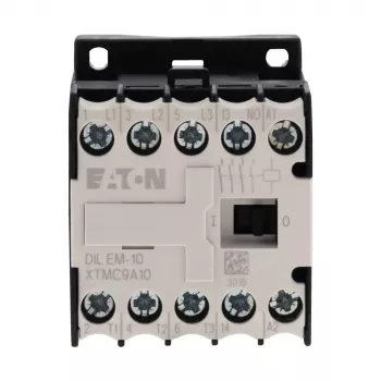 Mini contactor Eaton DILEM-10-G(12VDC), 3 polos, bobina 12 V DC, 9 A AC-3, 1 contacto auxiliar NA, IP20, terminais de parafuso, montagem em calha DIN/parafuso, preto/branco 079594