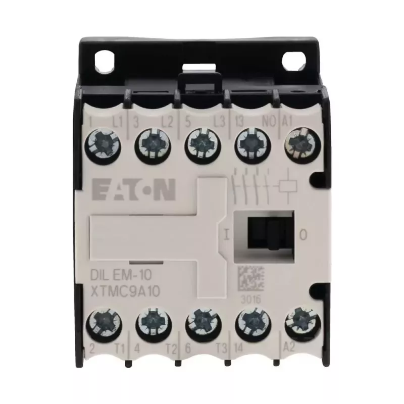 Mini contactor Eaton DILEM-10-G(12VDC), 3 polos, bobina 12 V DC, 9 A AC-3, 1 contacto auxiliar NA, IP20, terminais de parafuso, montagem em calha DIN/parafuso, preto/branco 079594