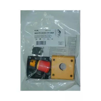 Eaton M22-PV-2KC01-IY1-BVP Botão de paragem de emergência, 2 NC, desbloqueio por puxamento, IP66, cabeça de cogumelo vermelha sobre colar amarelo 110939