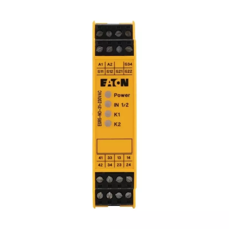Eaton ESR5-NO-31-230VAC Relé de segurança, 230V AC, 3 contactos de segurança NA, 1 contacto auxiliar NF, calha DIN 119380