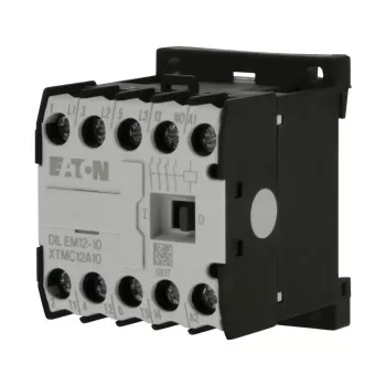 Eaton DILEM12-10 Mini contactor, 3 polos, 12 A, bobina 230 V 50 Hz / 240 V 60 Hz, 1 contacto auxiliar NA, IP20, preto/branco 127075
