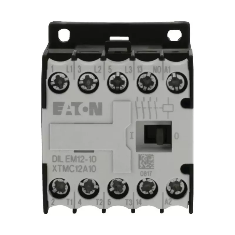Eaton DILEM12-10 Mini contactor, 3 polos, 12 A, bobina 230 V 50 Hz / 240 V 60 Hz, 1 contacto auxiliar NA, IP20, preto/branco 127075