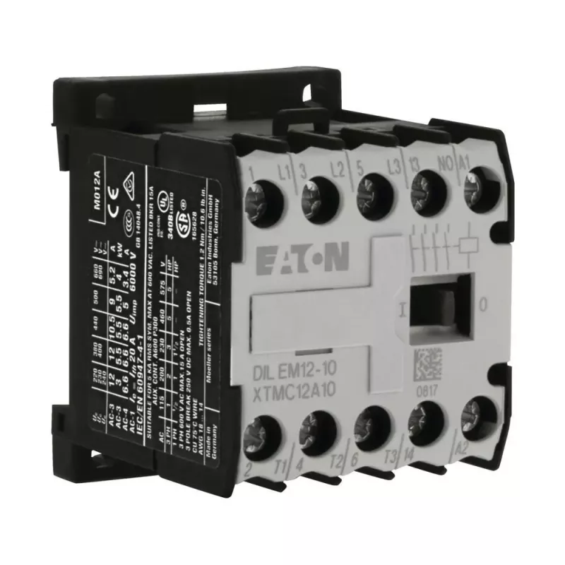 Eaton DILEM12-10 Mini contactor, 3 polos, 12 A, bobina 230 V 50 Hz / 240 V 60 Hz, 1 contacto auxiliar NA, IP20, preto/branco 127075