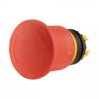 Botão de pressão de paragem de emergência Eaton M22-PVT45P, cogumelo, 45 mm, botão vermelho, aro amarelo, desbloqueio por tração 121462