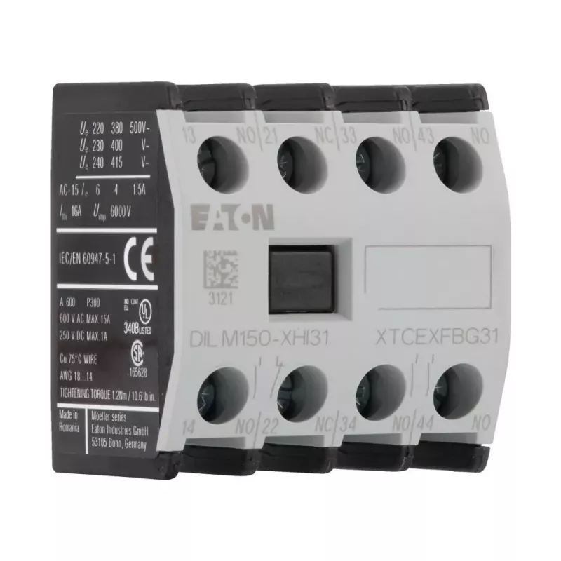 Eaton DILM150-XHI31 Bloco de contactos auxiliares, 3NO+1NC, montagem frontal, terminais de parafuso 277949