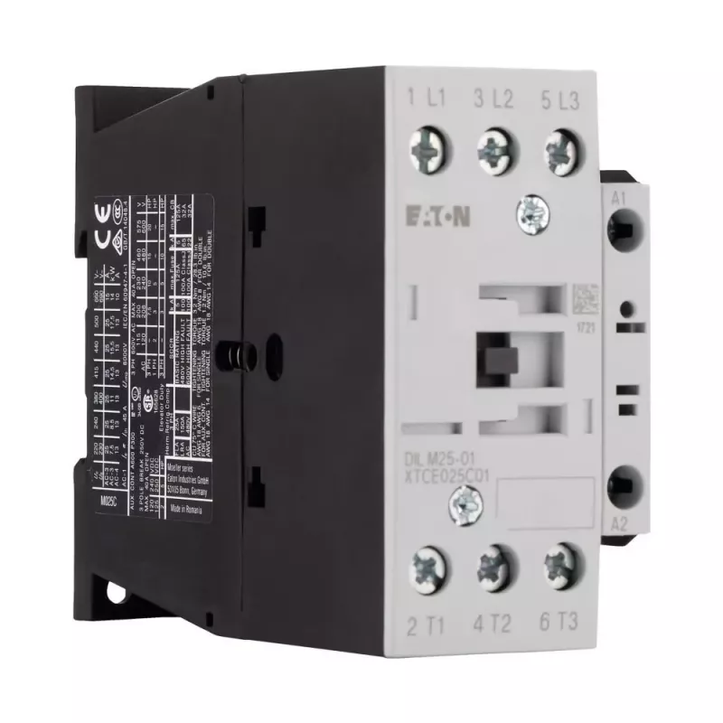 Eaton DILM25-01(RDC24) Contator tripolar, bobina 24 V DC, 25 A AC-3, 1 contacto auxiliar NC, IP00, preto/branco 277178