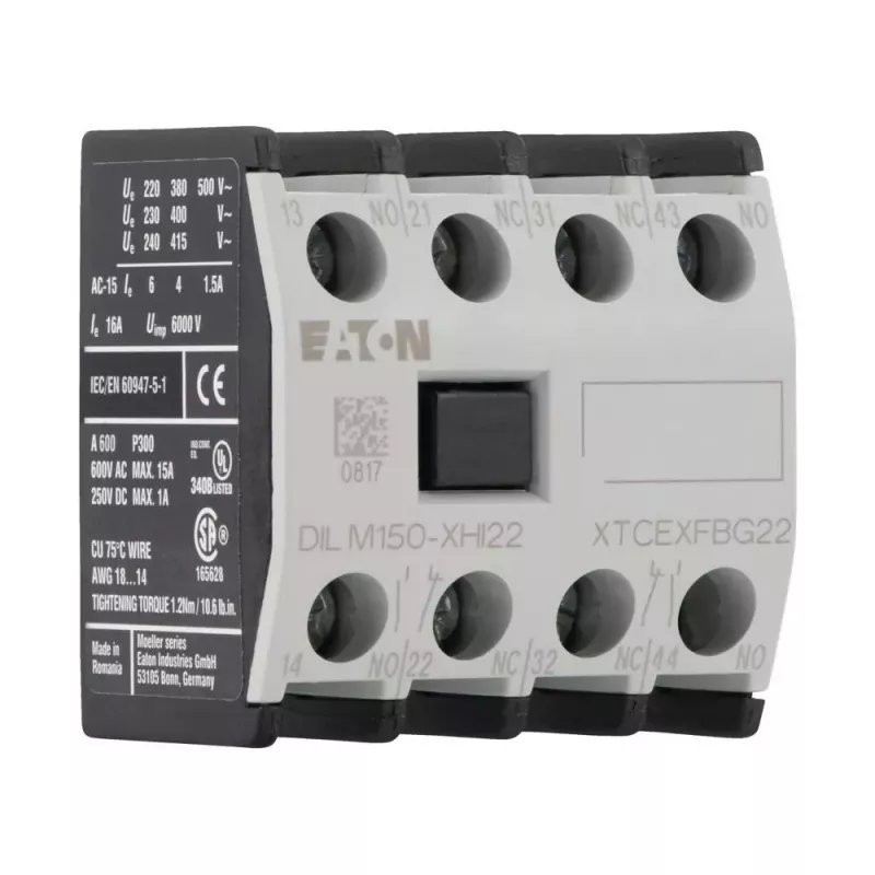 Eaton DILM150-XHI22 Bloco de contactos auxiliares, 2NO+2NC, montagem frontal, terminais de parafuso 277950