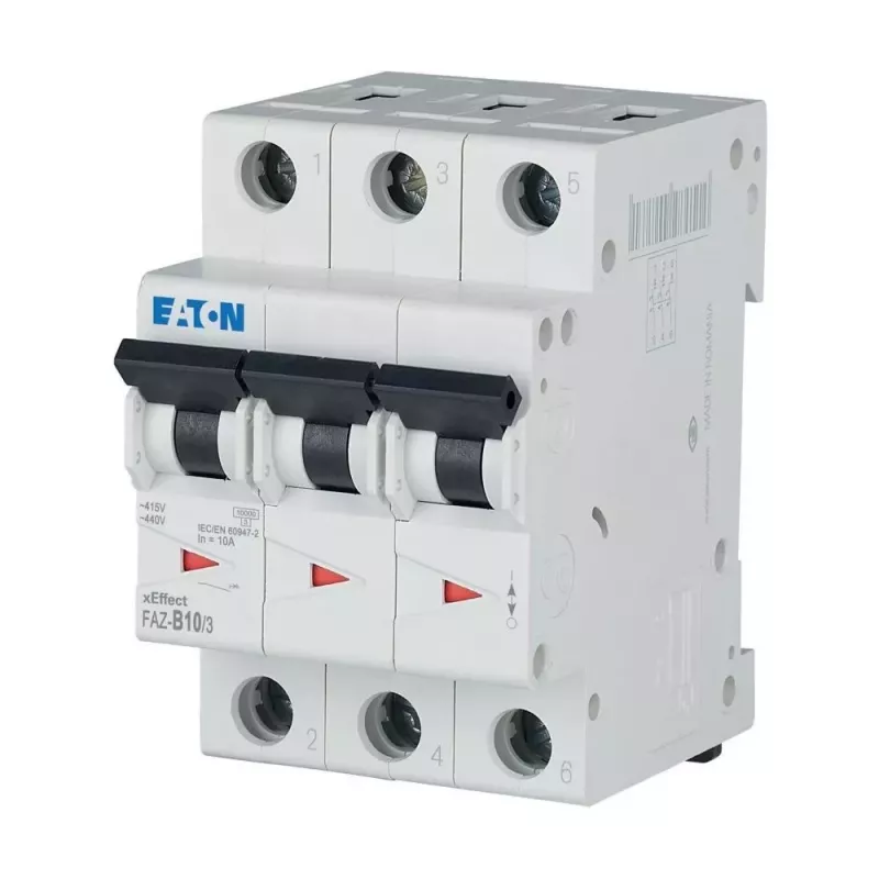 Eaton FAZ-B10/3 Disjuntor de proteção de linha tipo B, 10 A, tripolar, 10 kA 278843