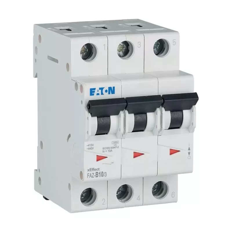 Eaton FAZ-B10/3 Disjuntor de proteção de linha tipo B, 10 A, tripolar, 10 kA 278843