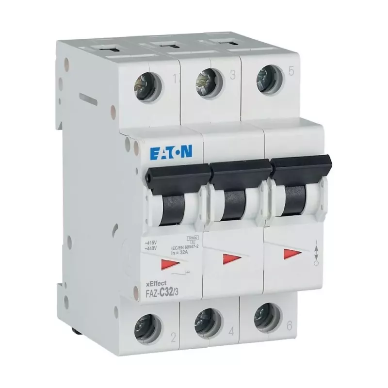 Eaton FAZ-C32/3 Disjuntor de proteção de linha tipo C, 32 A, 3 polos, 10 kA, calha DIN 278876