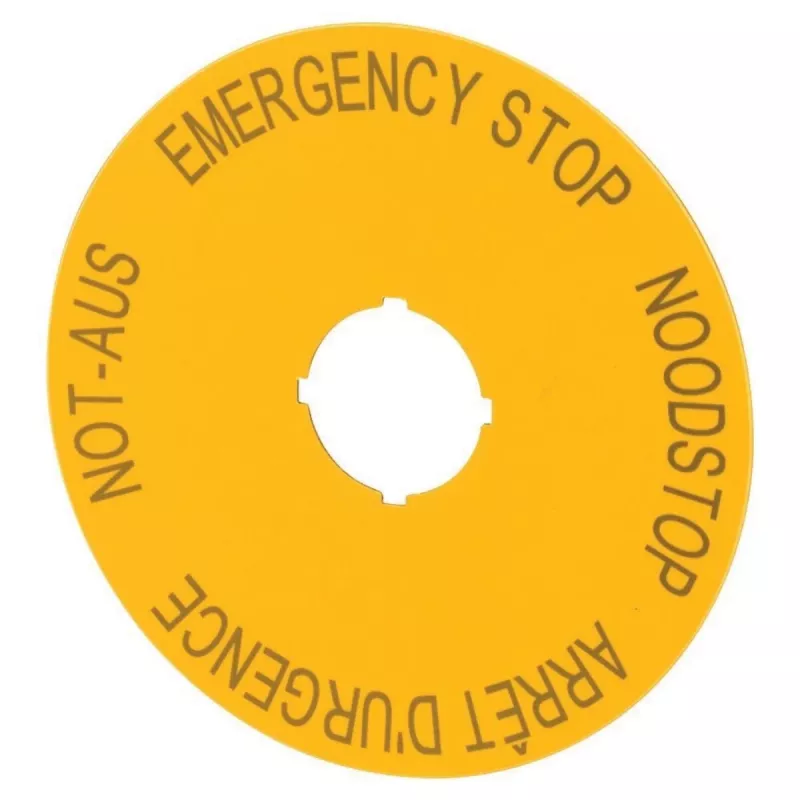 Placa de paragem de emergência Eaton M22-XAK3, amarelo, PARAGEM DE EMERGÊNCIA, 90 mm 216467